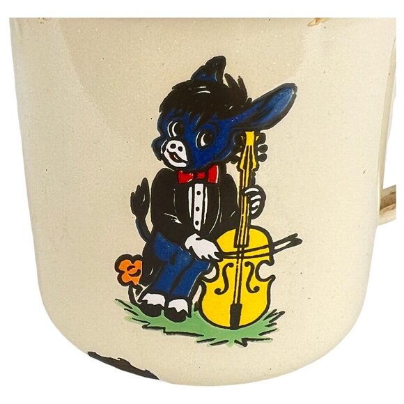Vintage Enamel Childrens Mug Donkey Playing Cello Cup Novelty - Picture 4 of 10